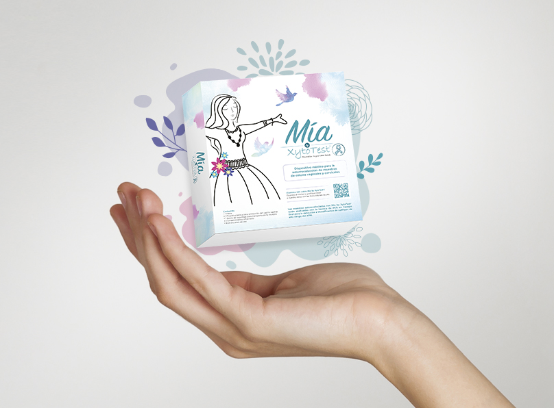 Mia product against a white background floating in someone's hand