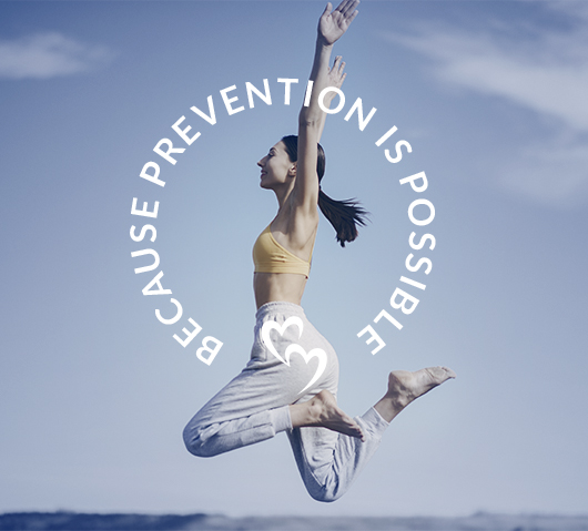 woman jumping in the air with words in a circle that say Prevention is possible